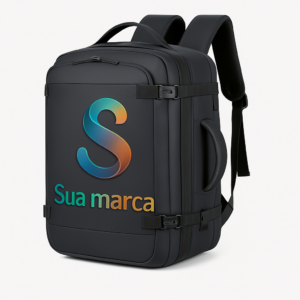 Mochila Cordillera Freedompack em Lona de Poliuretano preta com abertura de 180 graus estilo mala, personalizada com logo colorido em DTF