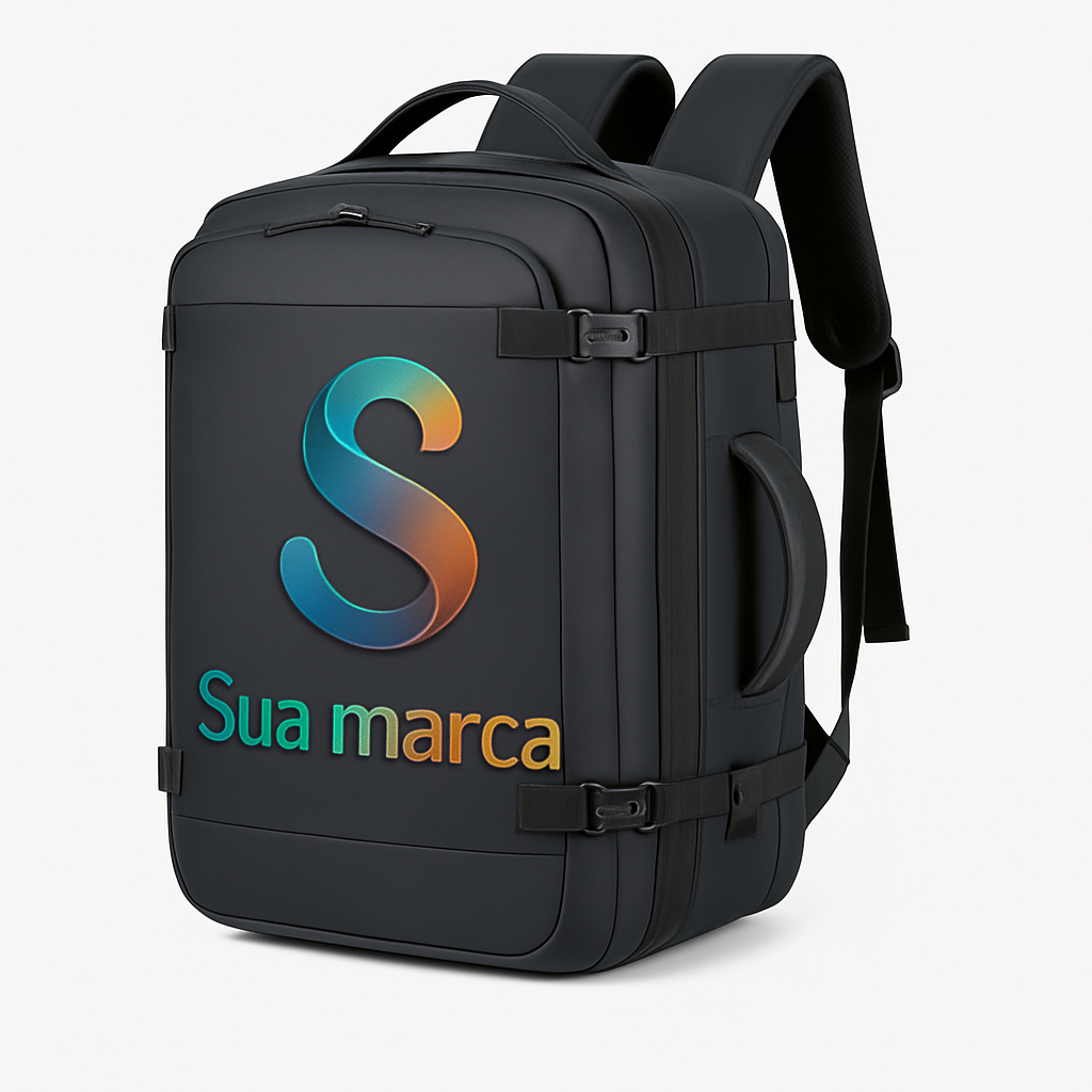 Mochila Cordillera Freedompack em Lona de Poliuretano preta com abertura de 180 graus estilo mala, personalizada com logo colorido em DTF